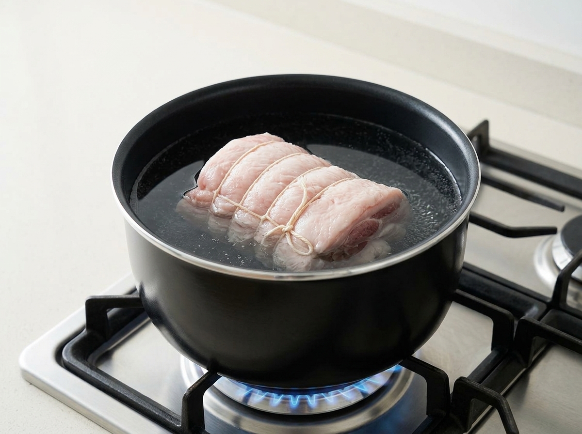 Ein mit Küchengarn fest gebundener Schweinebauch liegt in einem Topf mit kochendem Wasser auf einem Gasherd.