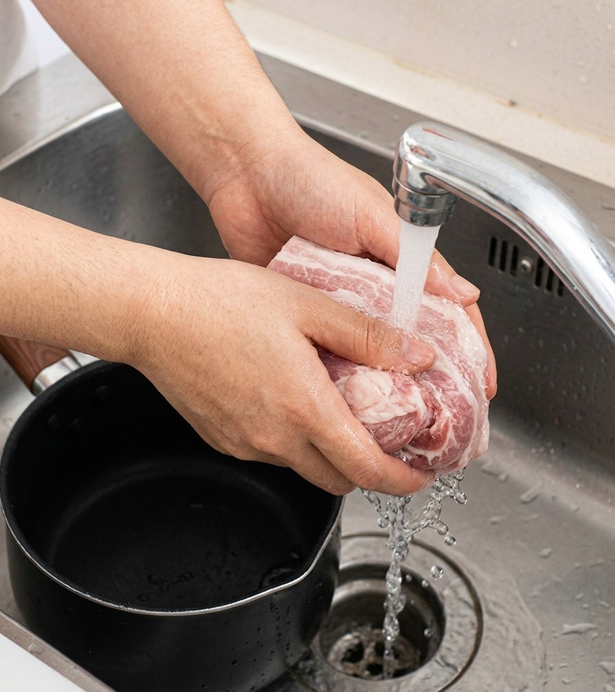 Hände waschen eine gebundene Rolle vorgekochten Schweinebauchs unter fließendem kaltem Wasser in einer Spüle.