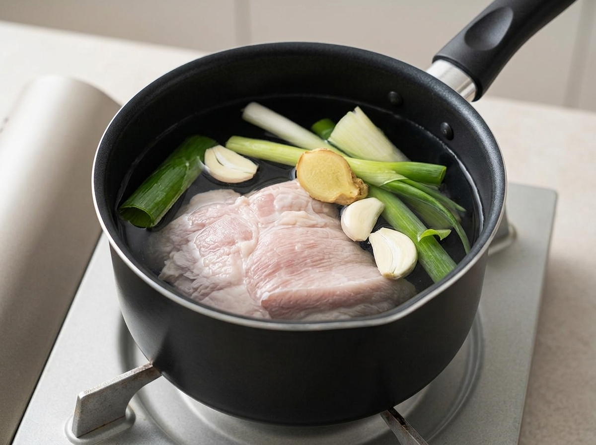 Ein Stück Schweinebauch liegt in einem schwarzen Topf mit Wasser, frischem Frühlingszwiebelgrün, Knoblauch und Ingwer.