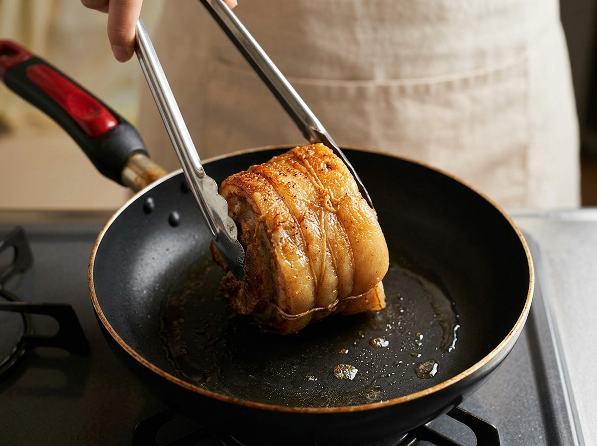 Mit einer Grillzange wird der gebundene Schweinebauch in einer heißen Pfanne ohne Öl rundherum angebraten.