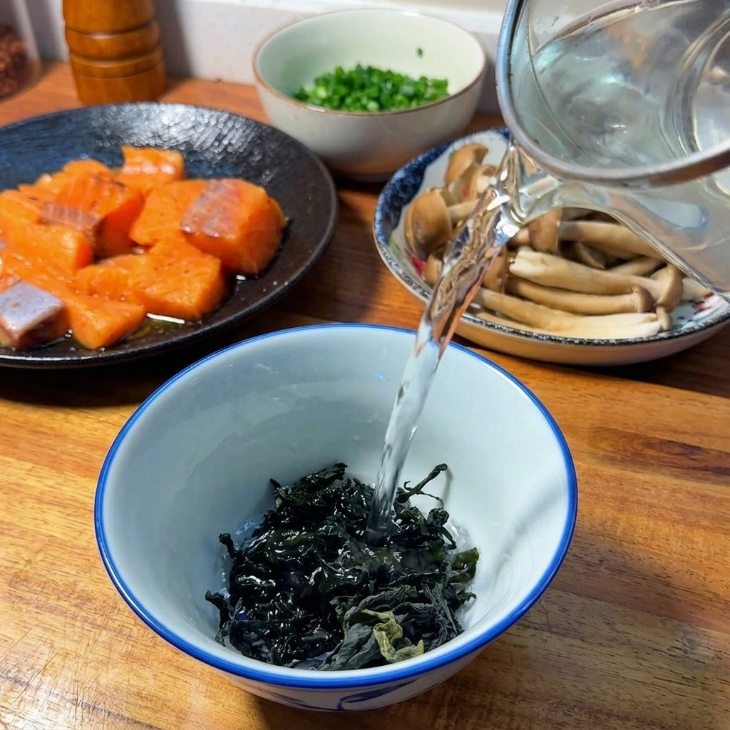 Wasser wird über getrocknete dunkelgrüne Wakame-Algen in einer weiß-blauen Schüssel gegossen.