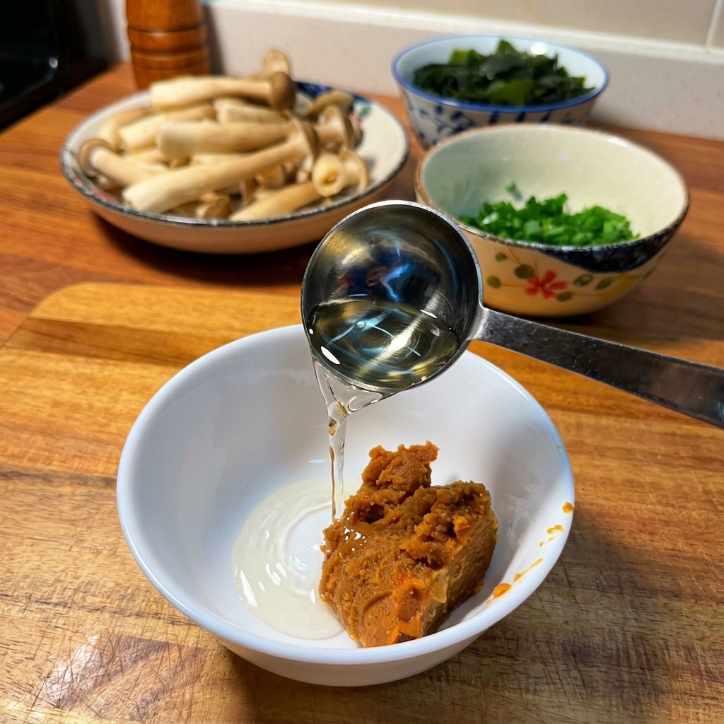 Flüssige Würzzutaten werden in eine Schüssel mit Misopaste und Gochujang gegossen.