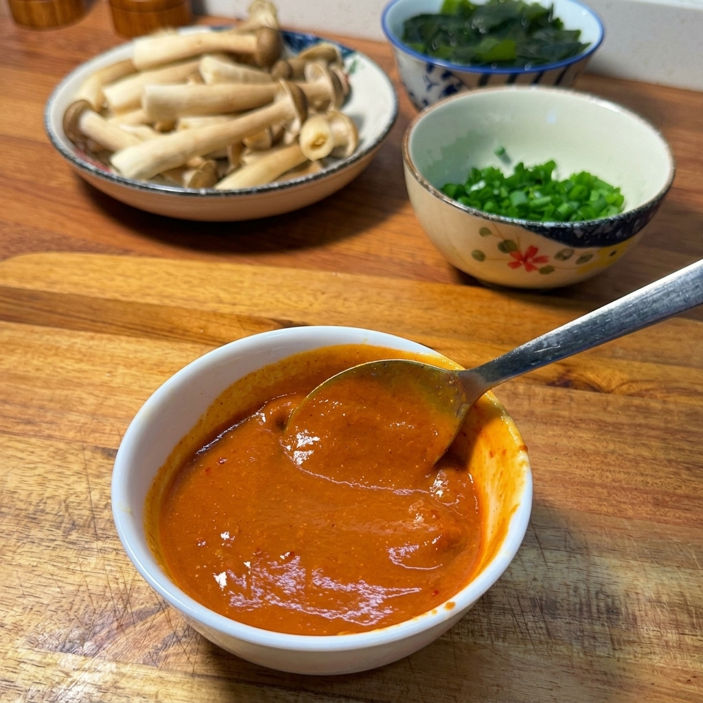 Eine glatte, dunkelrote Miso-Chili-Sauce in einer kleinen weißen Schüssel.