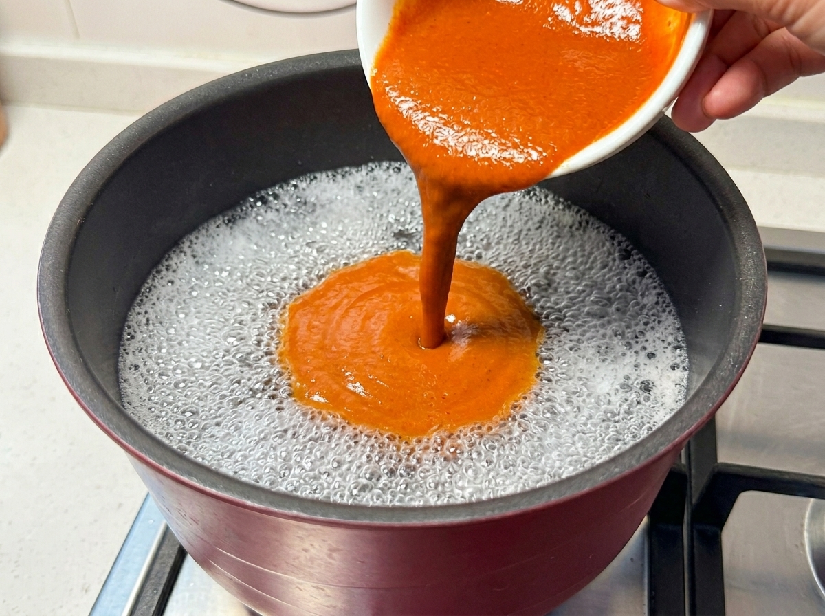 Die rote Miso-Sauce wird in einen Topf mit sprudelnd kochendem Wasser gegossen.