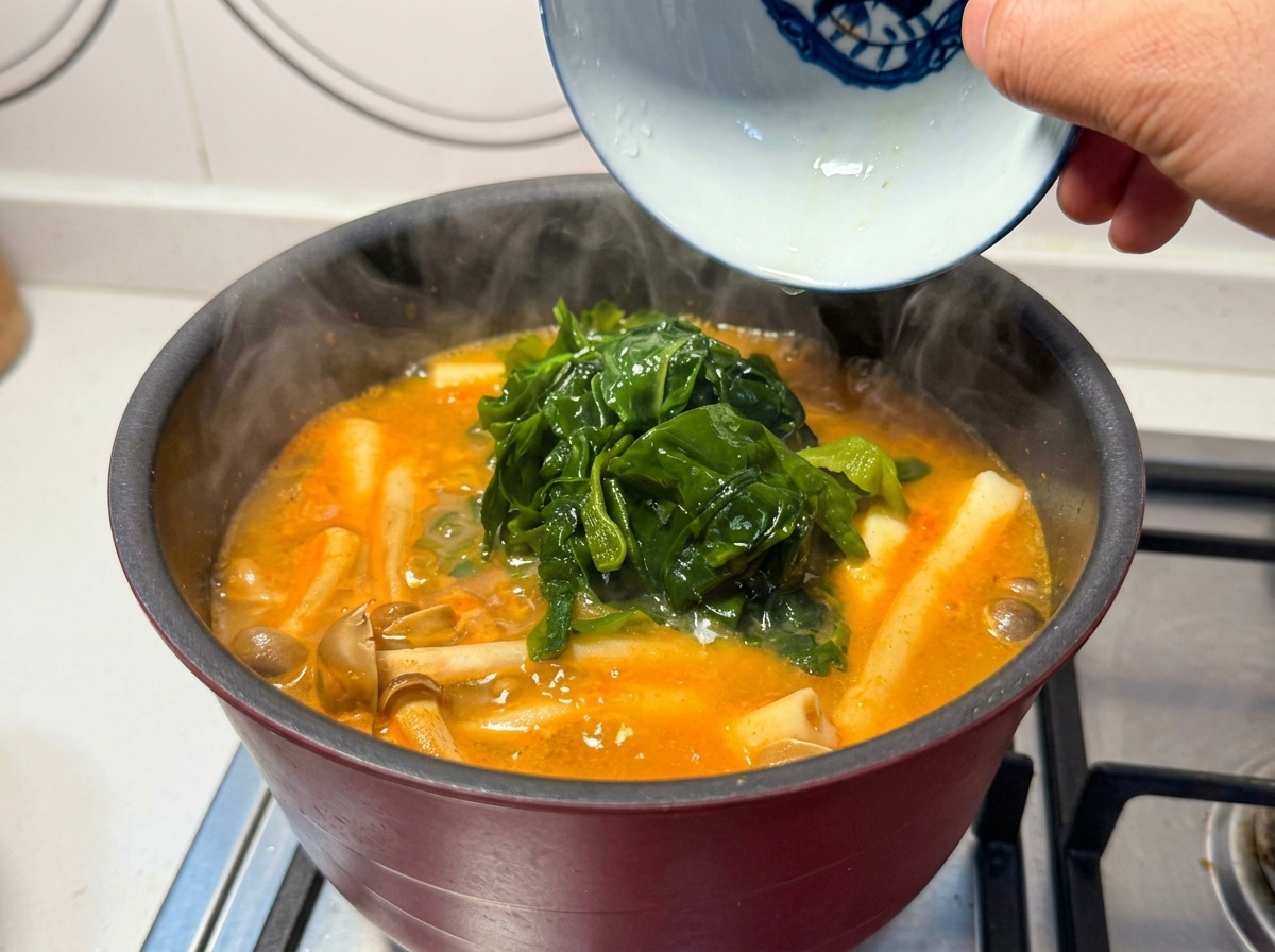 Eingeweichte Wakame-Algen werden in den Topf mit der Brühe und den Pilzen gegeben.
