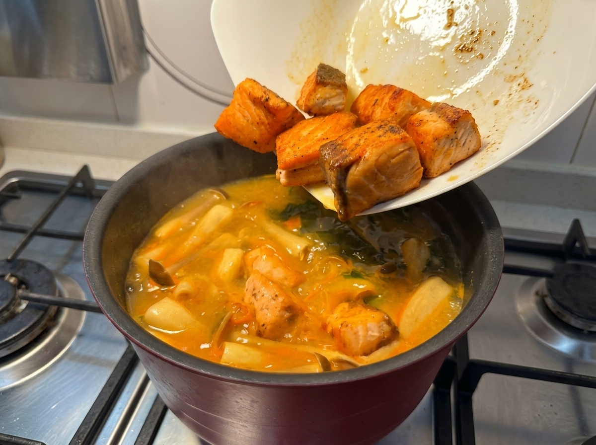Gebratene Lachsstücke gleiten von einem Teller zurück in den Topf mit der Miso-Suppe.