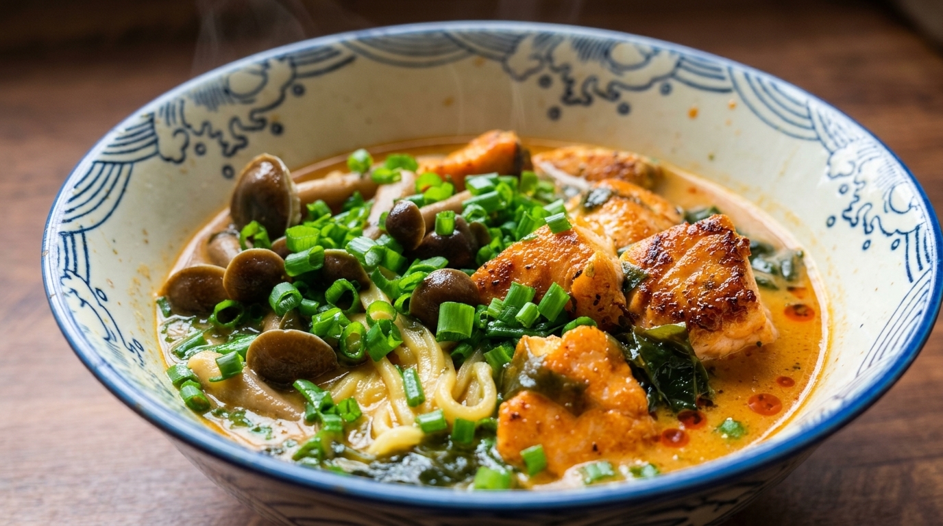 Eine dampfende Schüssel scharfes Miso-Lachs-Ramen, garniert mit Buchenpilzen, Wakame und frischen Frühlingszwiebeln.