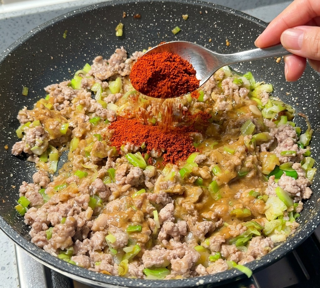 Ein Metalllöffel streut leuchtend rotes Chilipulver über die Fleischmischung in der Pfanne.