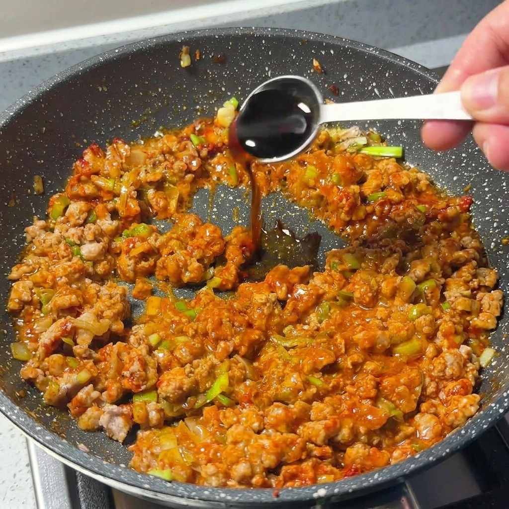 Dunkle Sojasauce wird aus einem Messlöffel in die Pfanne mit dem Fleisch gegeben.