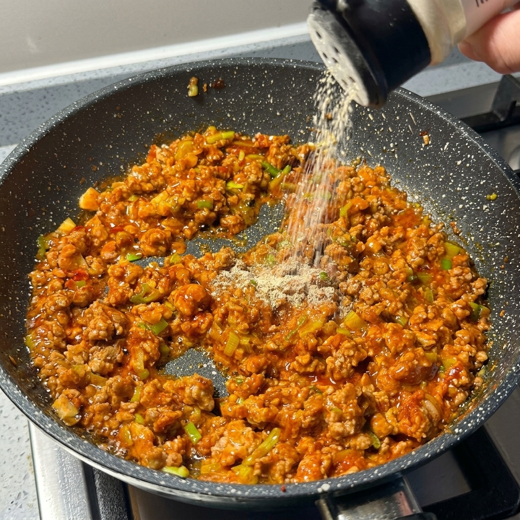 Weiβer Pfeffer wird aus einem Streuer über die rötliche Fleischmischung in der dunklen Pfanne gestreut.