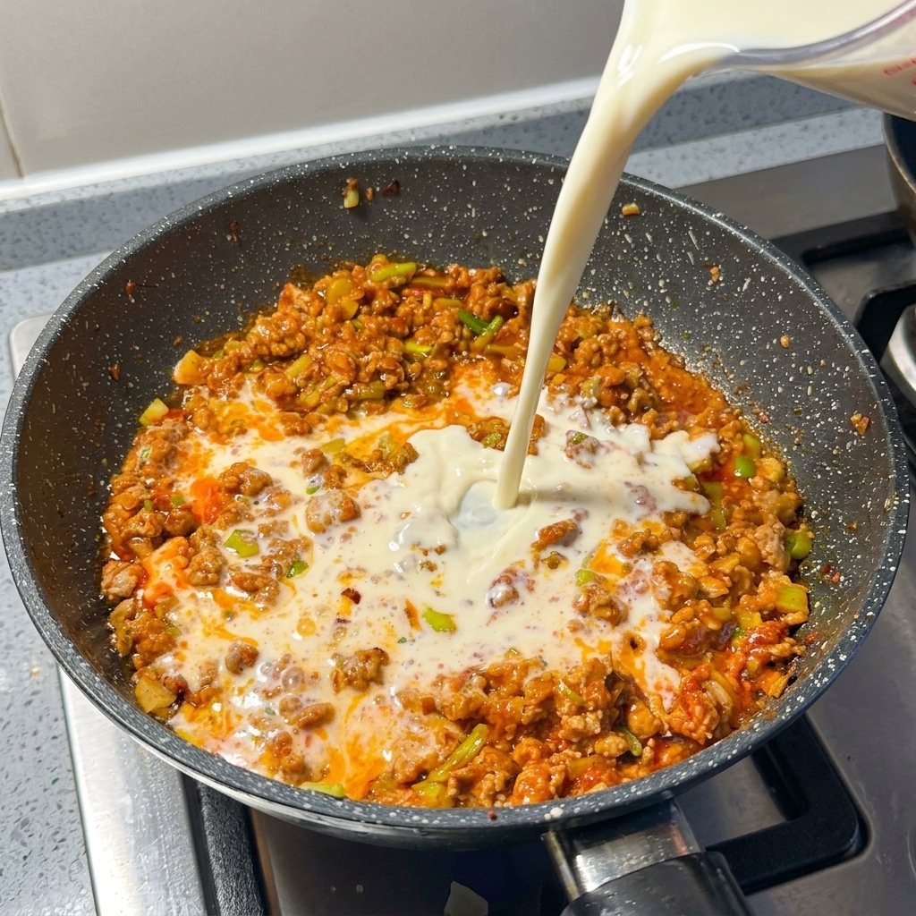 Cremige weiße Sojamilch wird aus einem Messbecher in die Pfanne zur würzigen Fleischsauce gegossen.