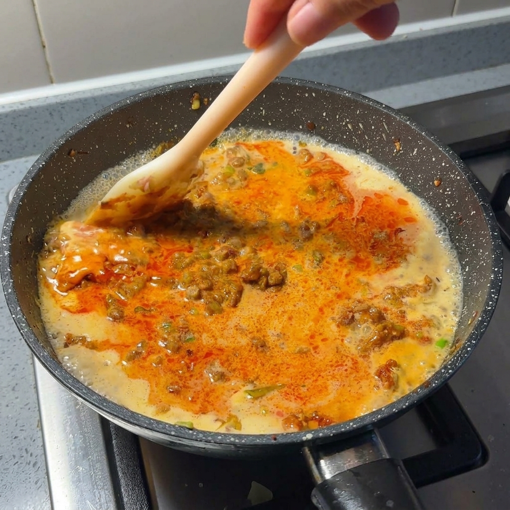 Eine cremige, rötlich-orangefarbene Fleischsauce wird mit einem Spatel in der Pfanne umgerührt.