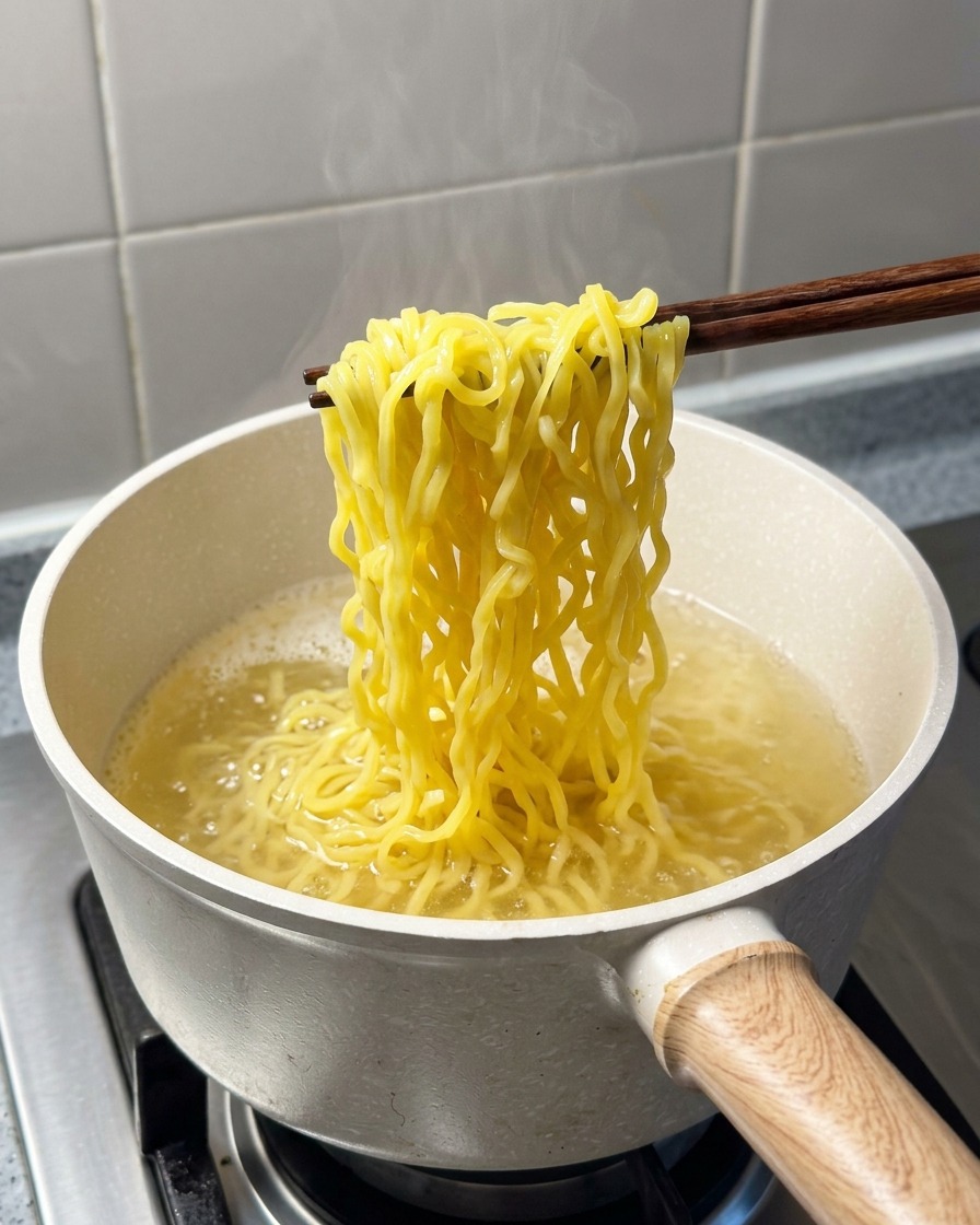 Gekochte gelbe Ramen-Nudeln werden mit Holzstäbchen aus dem kochenden Wasser gehoben.