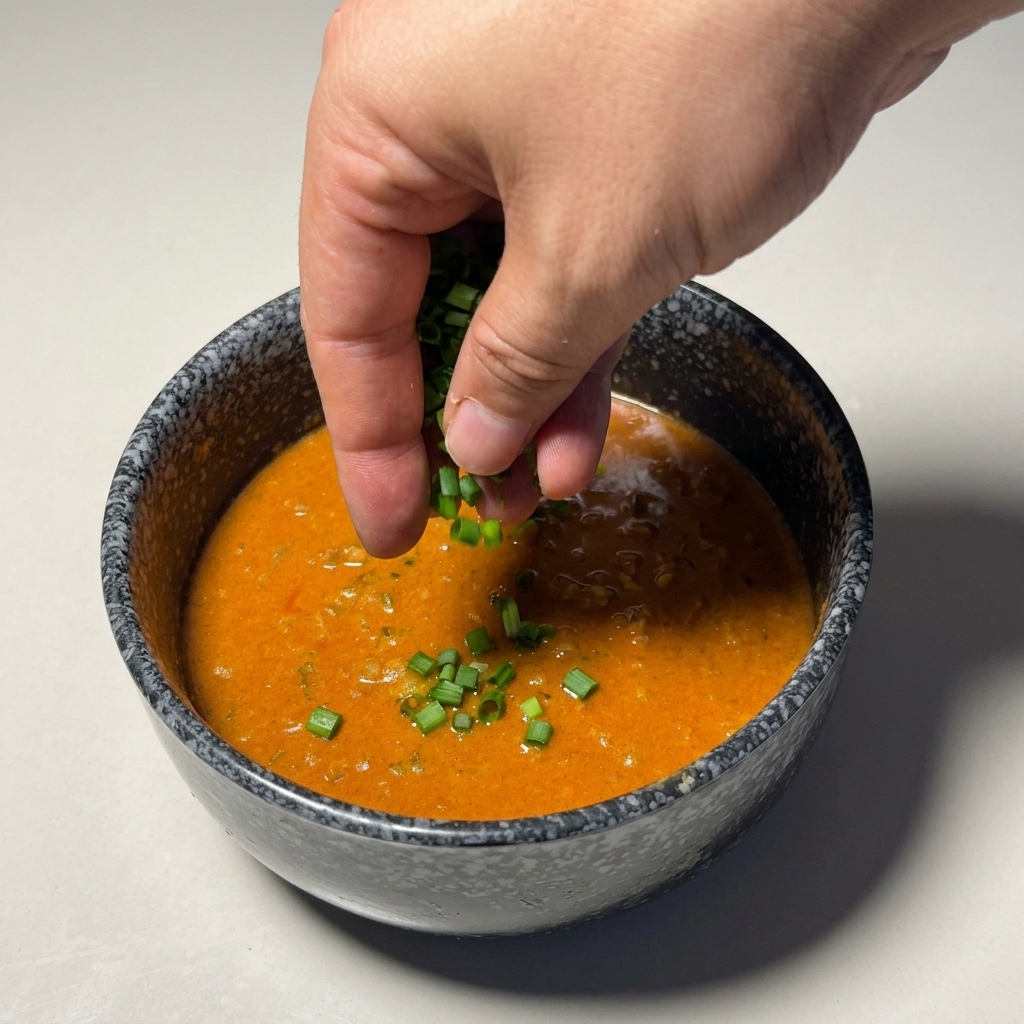 Frühlingszwiebeln werden über eine Schale mit dicker, orangefarbener Dip-Sauce gestreut.