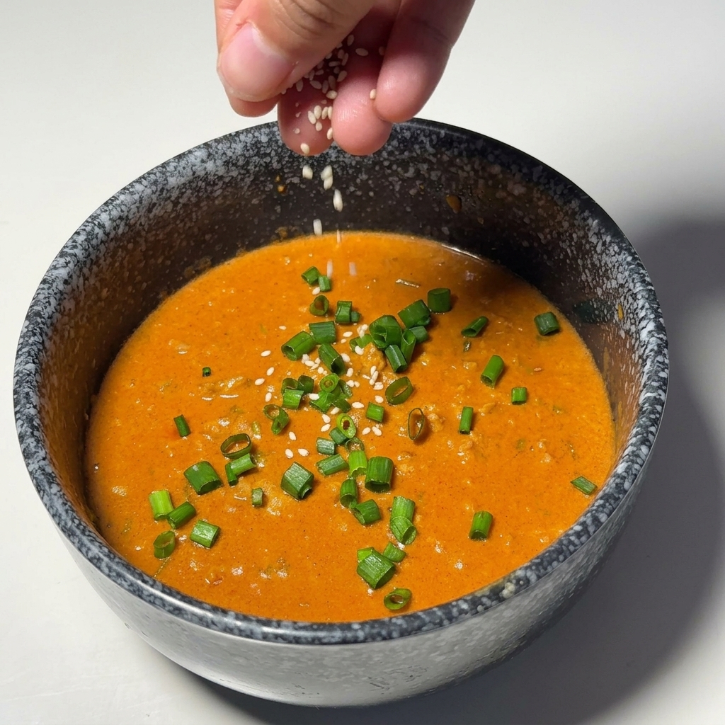 Weiße Sesamsamen werden in eine Schale mit orangefarbener Sauce und Frühlingszwiebeln gestreut.