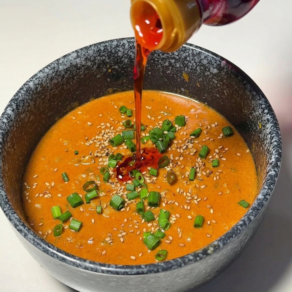 Rotes Chiliöl wird über die cremige Dip-Sauce in der Schale geträufelt.