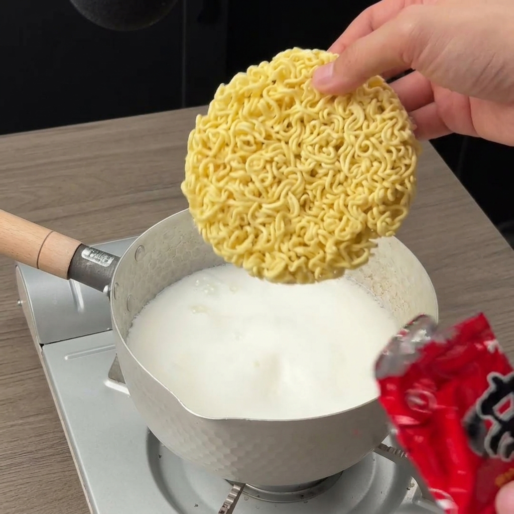 Ein Block Instant-Nudeln wird in die kochende weiße Milchbrühe gelegt.