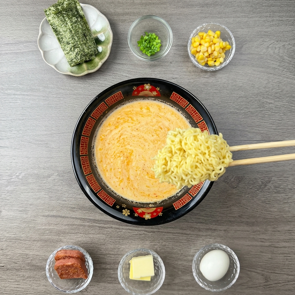 Gekochte Ramen-Nudeln werden in die cremige orangefarbene Brühe gehoben.