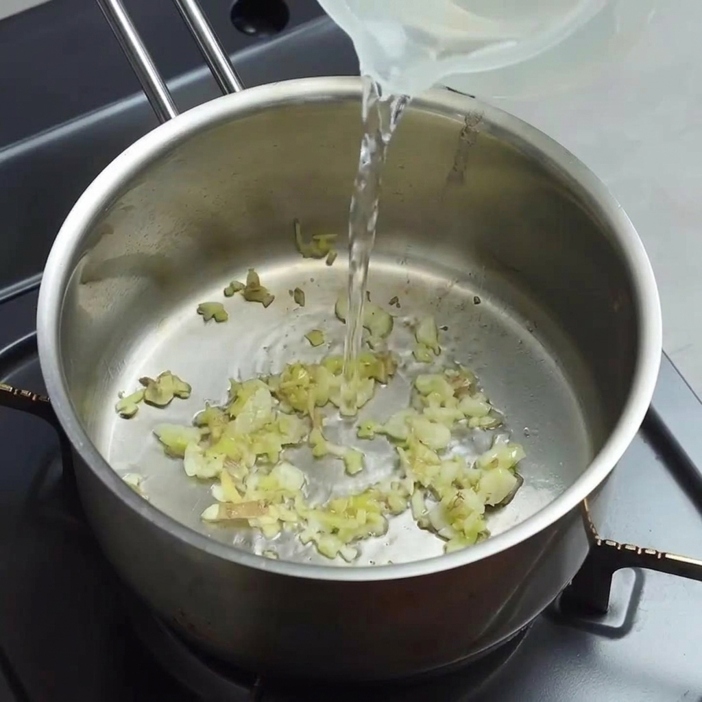 Warmes Wasser wird aus einem Krug in den Topf mit Ingwer und Knoblauch gegossen.
