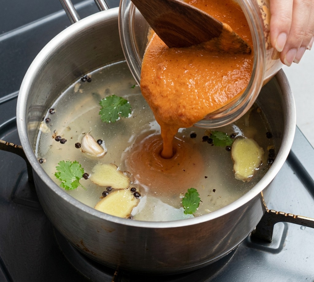 Eine rötliche Miso-Mischung wird in den Topf mit siedendem Wasser gegossen.