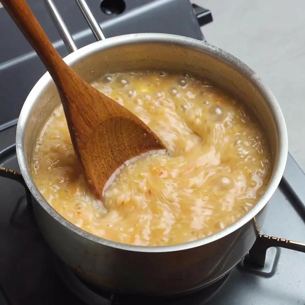 Ein Holzlöffel rührt die brodelnde orangefarbene Brühe in einem Metalltopf um.