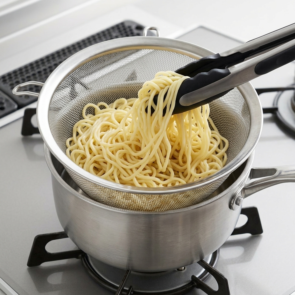 Eine schwarze Zange hebt Ramen-Nudeln in ein Edelstahlsieb über einem Topf.