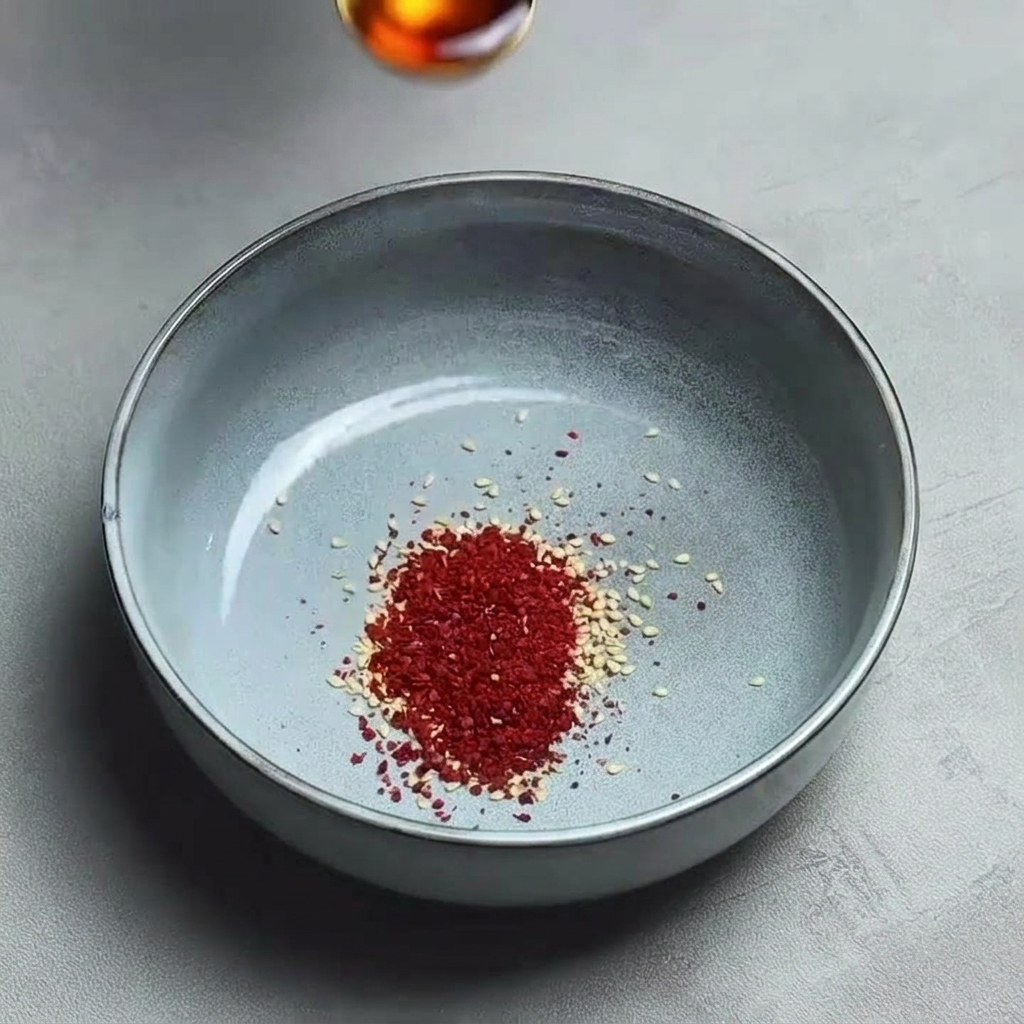 Chiliflocken und Sesam in einer grauen Schüssel, über die Chiliöl gegossen wird.