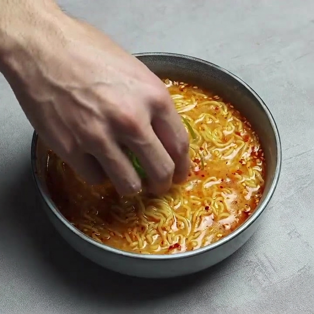 Frische Frühlingszwiebeln werden auf die fertige Ramen-Suppe gegeben.