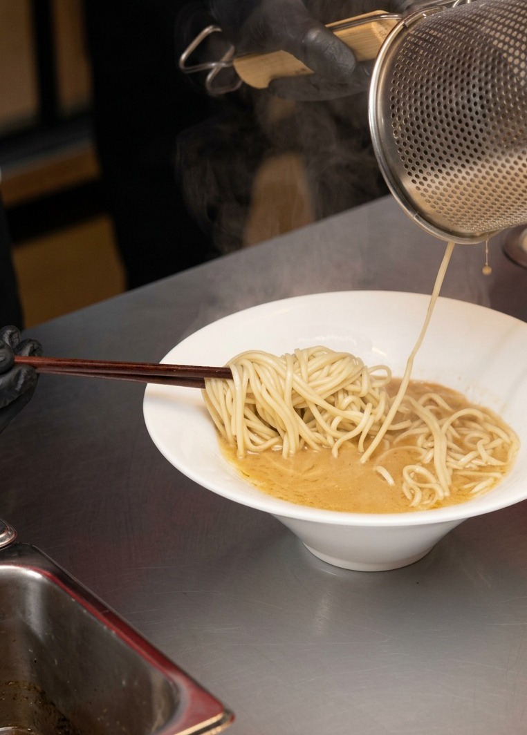 Frisch gekochte Ramen-Nudeln gleiten aus einem Sieb in eine Schale mit Miso-Brühe.
