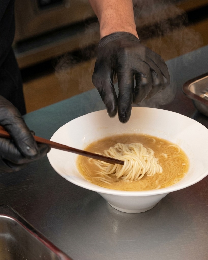 Essstäbchen aus Holz heben und falten die Ramen-Nudeln in der Brühe für eine ordentliche Präsentation.