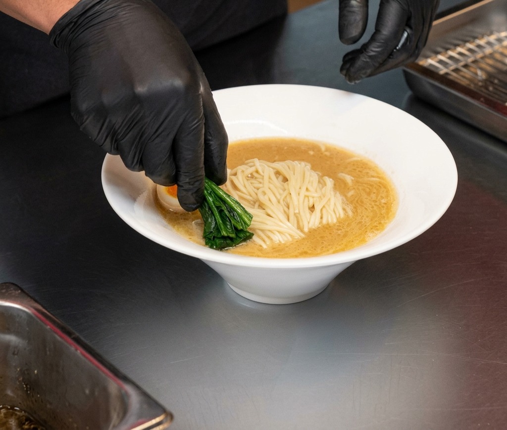 Hände platzieren leuchtend grünen Spinat am Rand der Ramen-Schale.