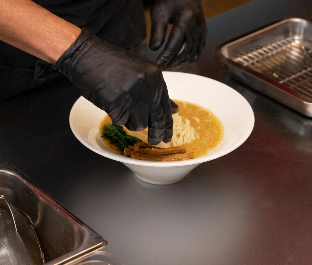 Bambussprossen werden neben dem Spinat in die Ramen-Schale gelegt.