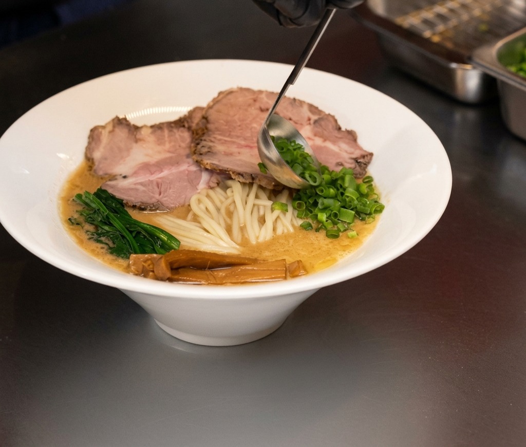 Ein Löffel gibt gehackte Frühlingszwiebeln in die Miso-Ramen.