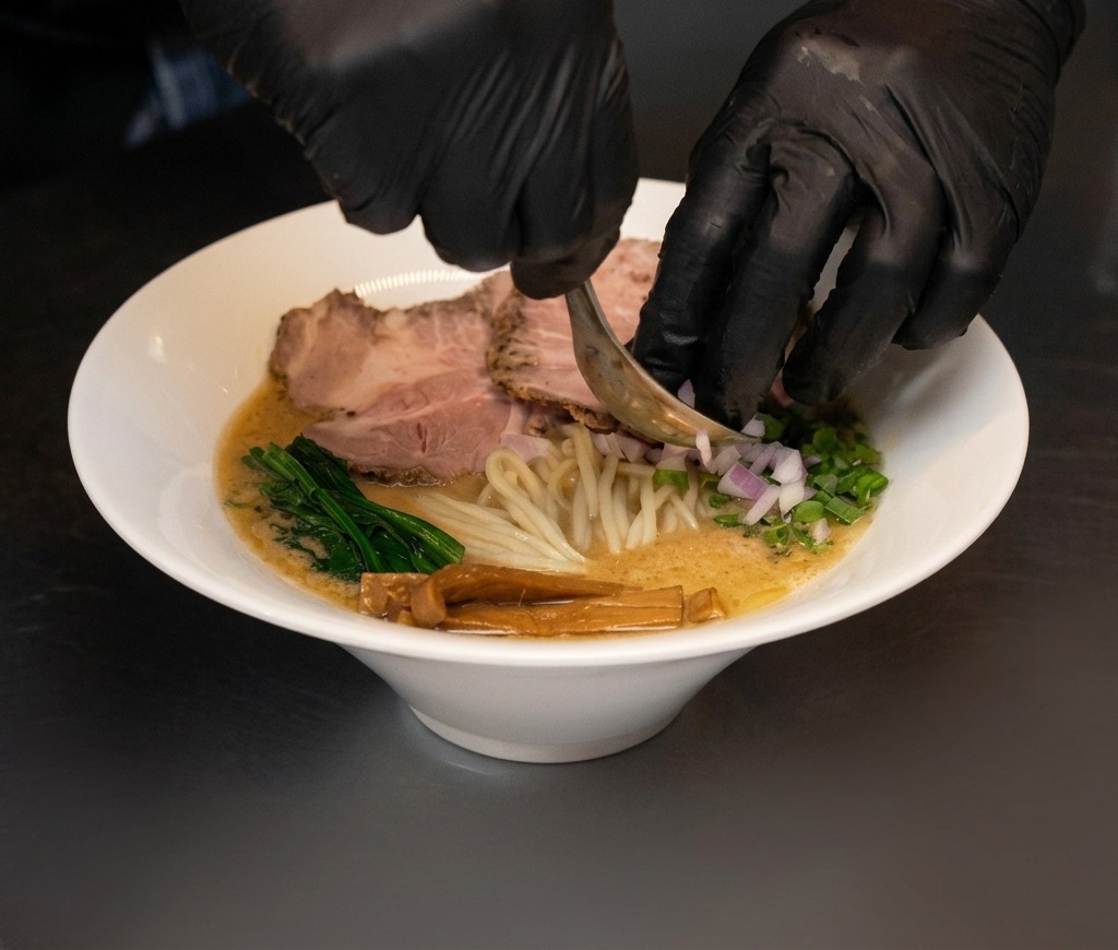 Fein gewürfelte rote Zwiebeln werden in die garnierte Ramen-Schale gelöffelt.