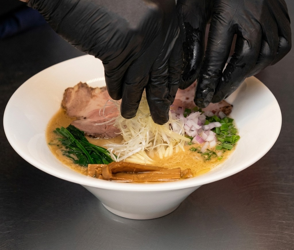 Hände platzieren einen hohen Haufen aus feinen Lauchstreifen in der Mitte der Ramen.