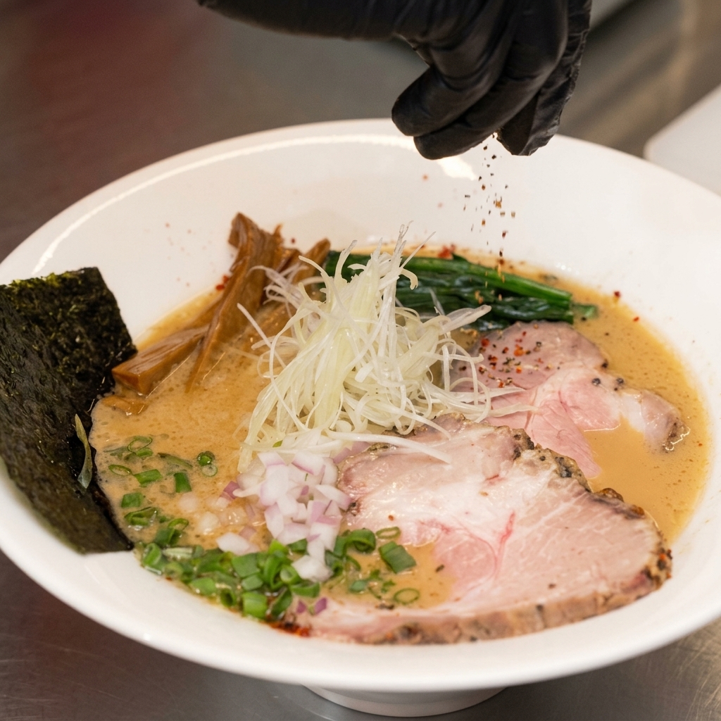 Rotes Chilipulver wird über die fertig angerichtete Miso-Ramen gestreut.