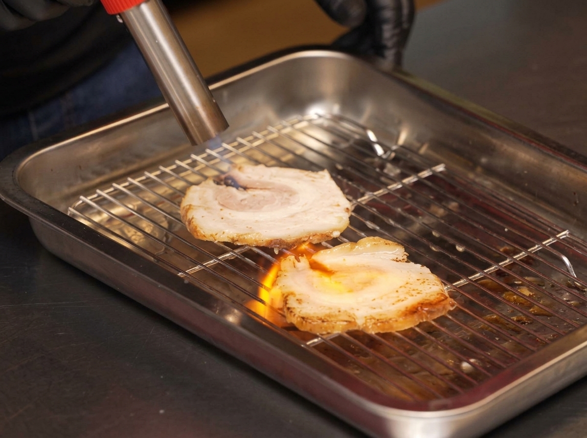 Ein Koch flambiert Chashu-Scheiben auf einem Kuchengitter mit einem Küchenbrenner.