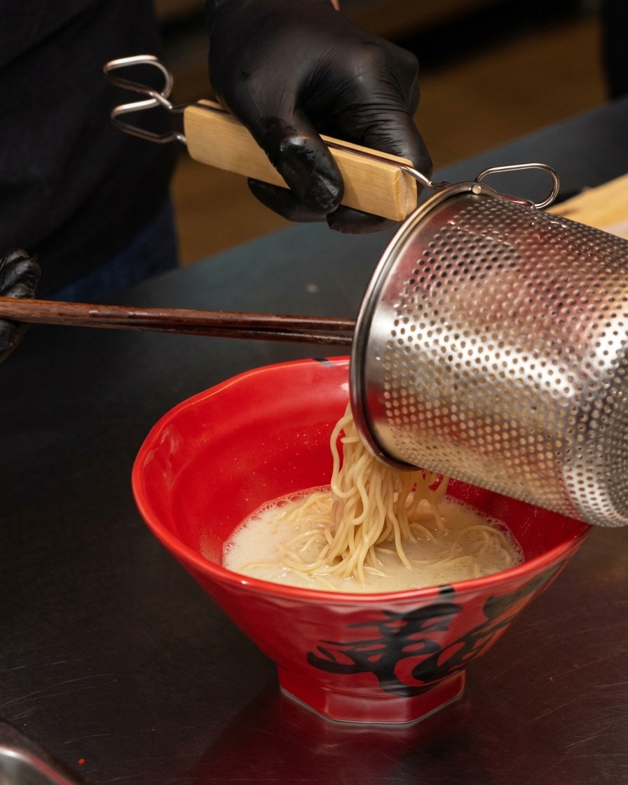 Gekochte gelbe Ramen-Nudeln werden aus einem Sieb in eine Schüssel mit heißer Brühe gegeben.