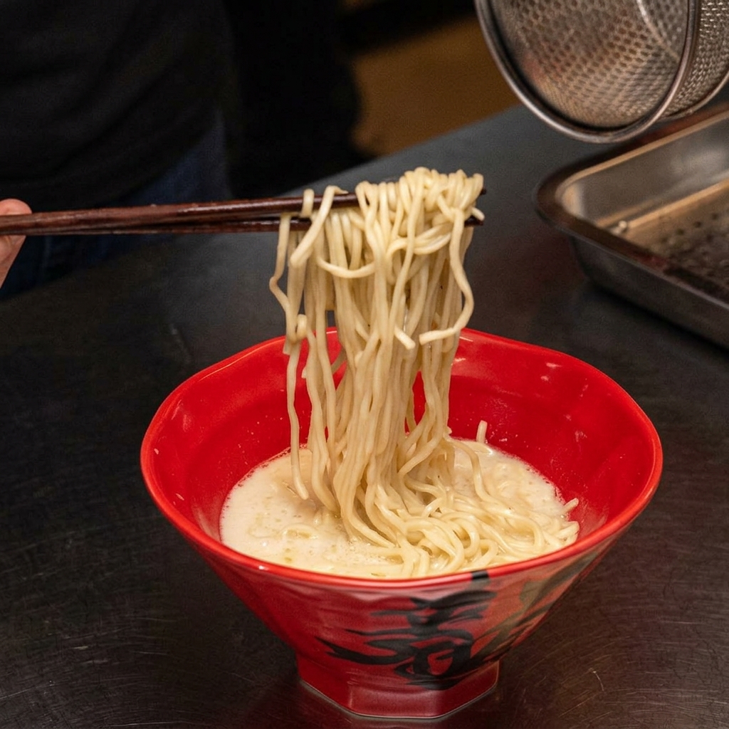 Stäbchen heben Ramen-Nudeln an und legen sie ordentlich in einer roten Schüssel mit cremiger Brühe aus.