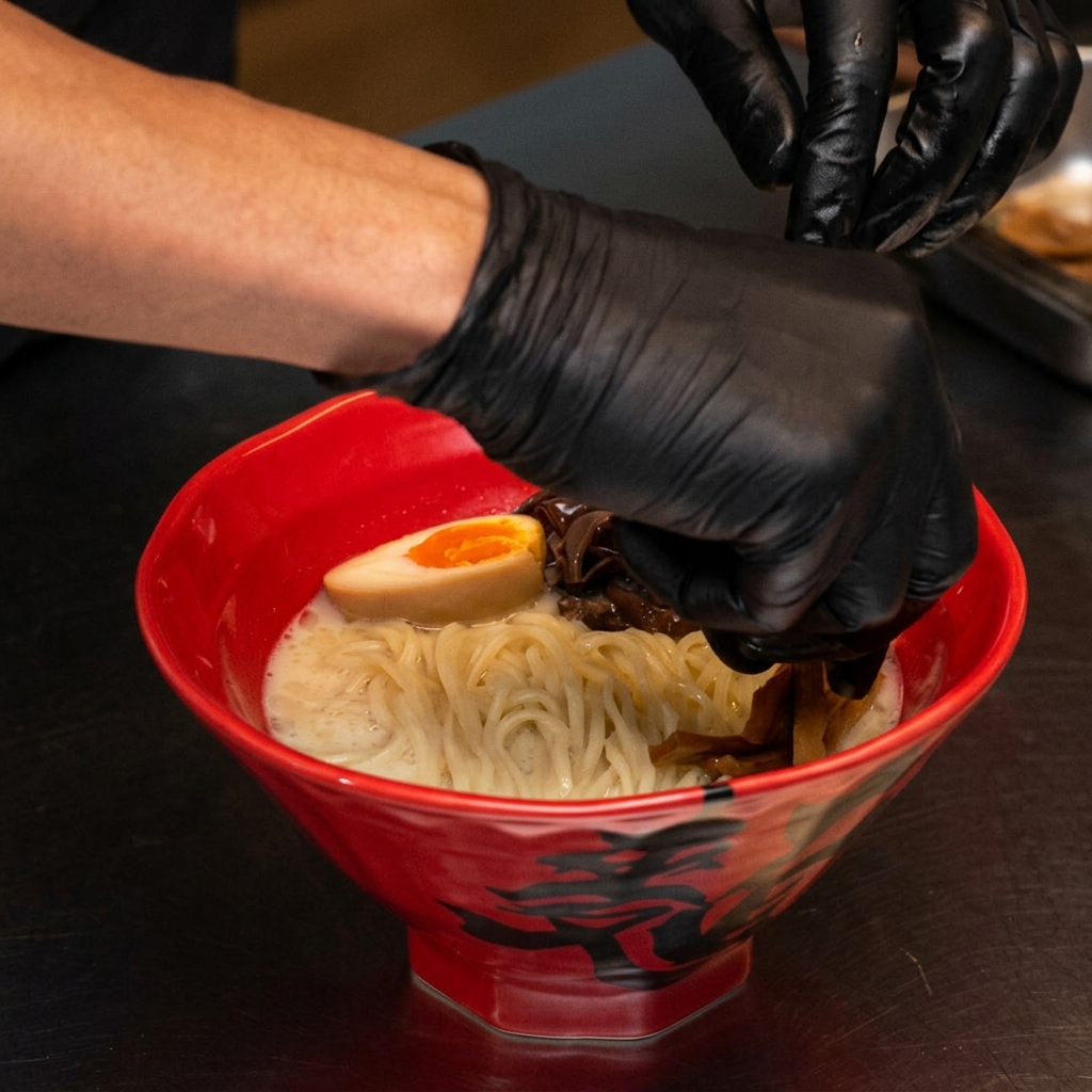 Hände fügen getrocknete Bambussprossen zu einer bereits garnierten Ramen-Schüssel hinzu.