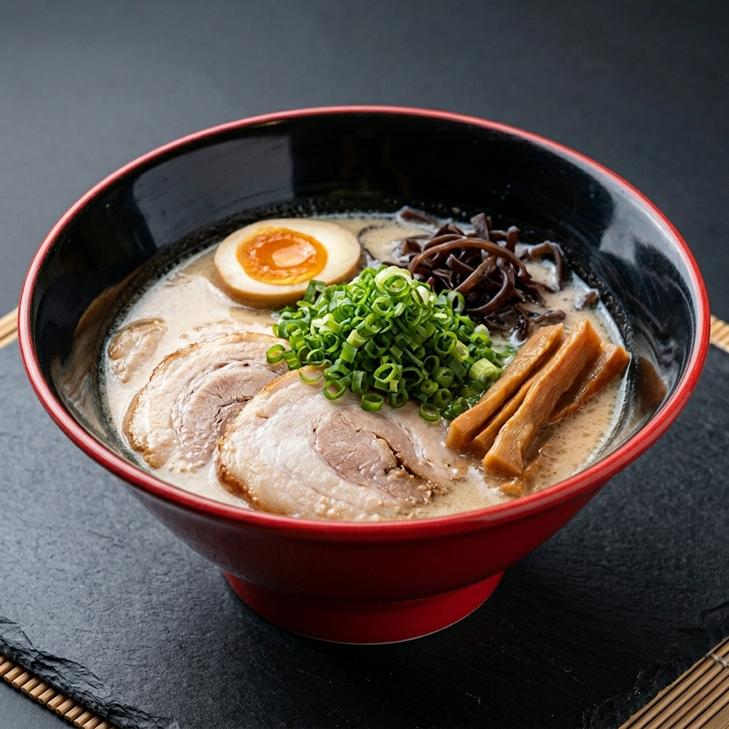 Eine Schüssel Miso Ramen mit einem großzügigen Häufchen fein gehackter grüner Frühlingszwiebeln in der Mitte.
