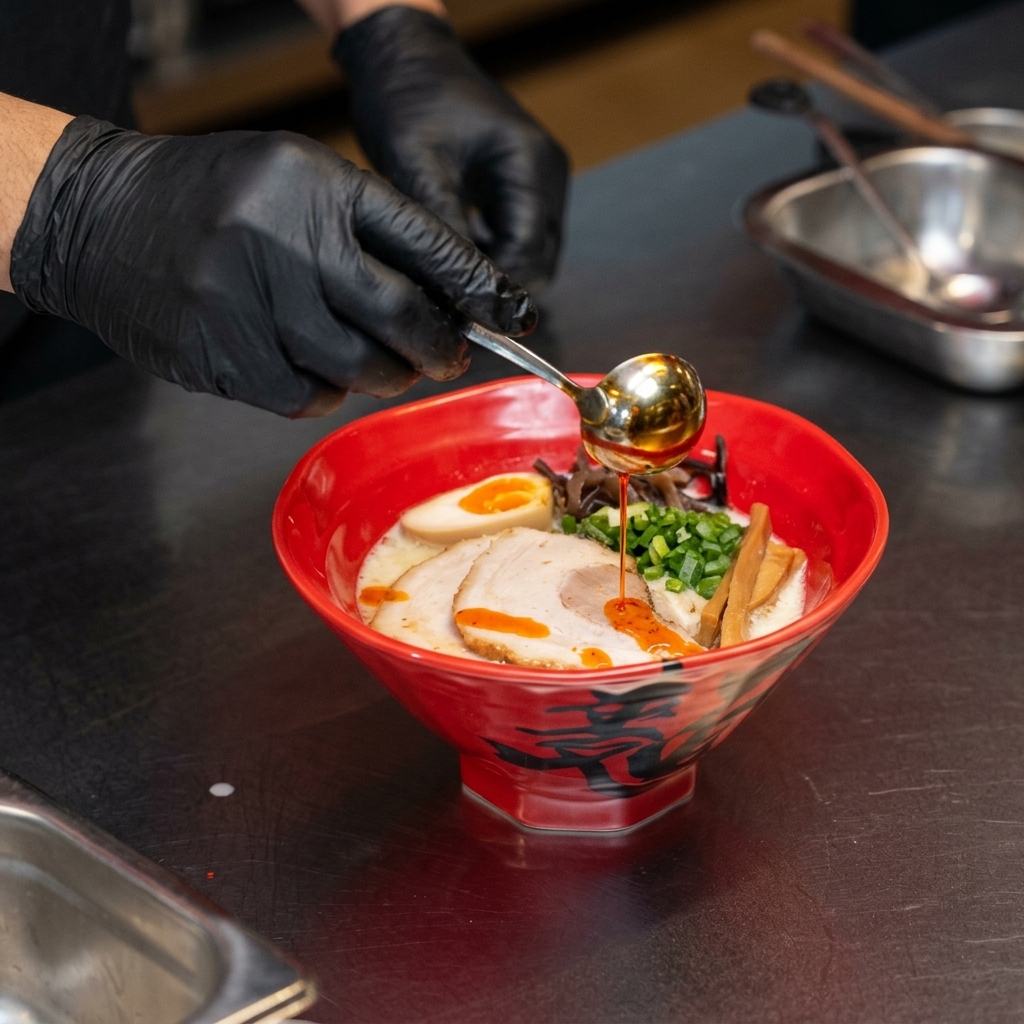 Leuchtend rotes Chiliöl wird mit einer kleinen Kelle über die Ramen geträufelt.