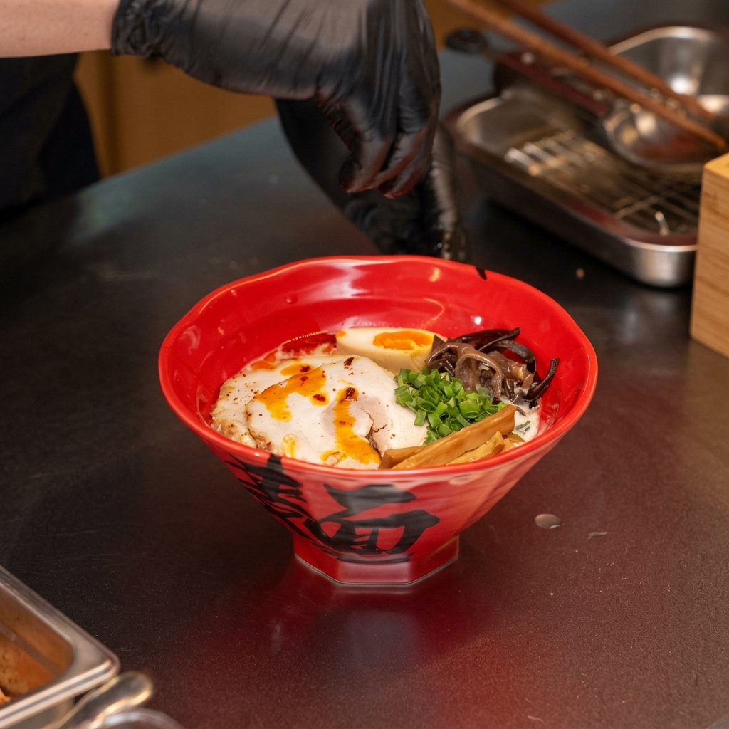 Hände streuen rotes Chilipulver über eine fertige Ramen-Schüssel.