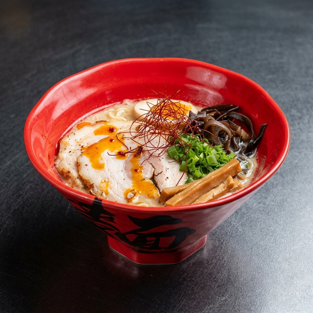 Zarte rote Chilifäden liegen auf gehackten Frühlingszwiebeln in einer Ramen-Schüssel.