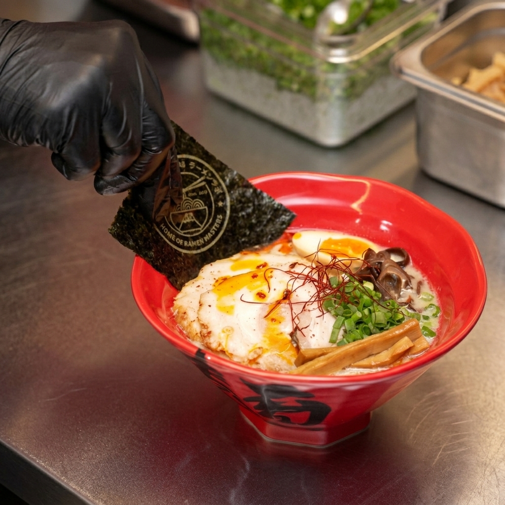 Eine Hand steckt ein Stück dunkles Algenblatt an den Rand einer roten Schüssel mit heißer Miso Ramen.