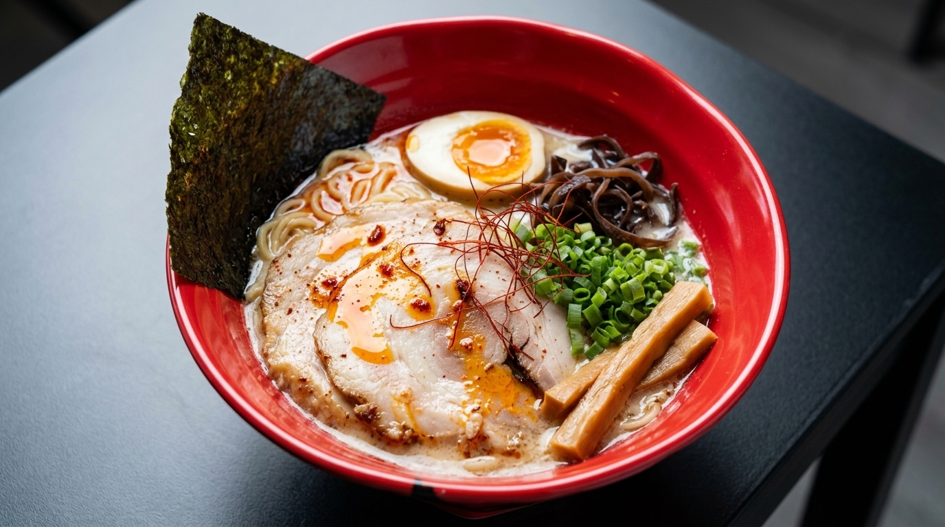 Eine farbenfrohe Schale Tonkotsu Miso Ramen mit cremiger Brühe, flambiertem Chashu, weichgekochtem Ei und feinen Chilifäden.