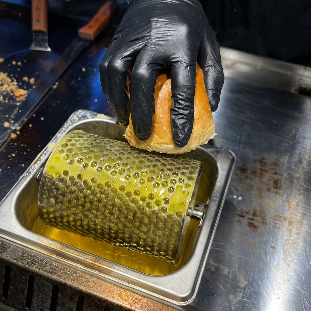 Eine Hand drückt ein aufgeschnittenes Burger-Brötchen auf eine Metallrolle in einer Schale mit geschmolzener Butter.