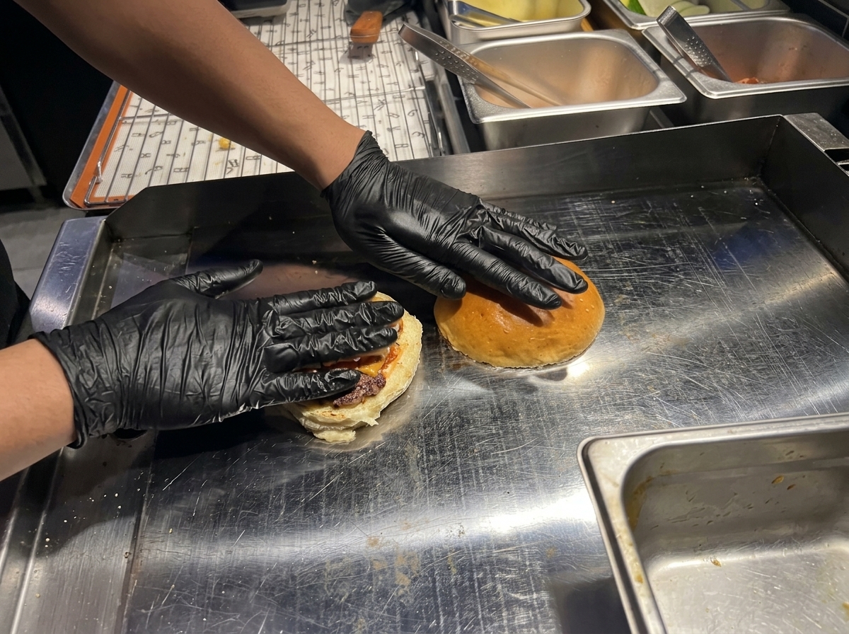 Zwei gebutterte Burger-Brötchenhälften werden auf einer heißen Grillplatte flach angedrückt.