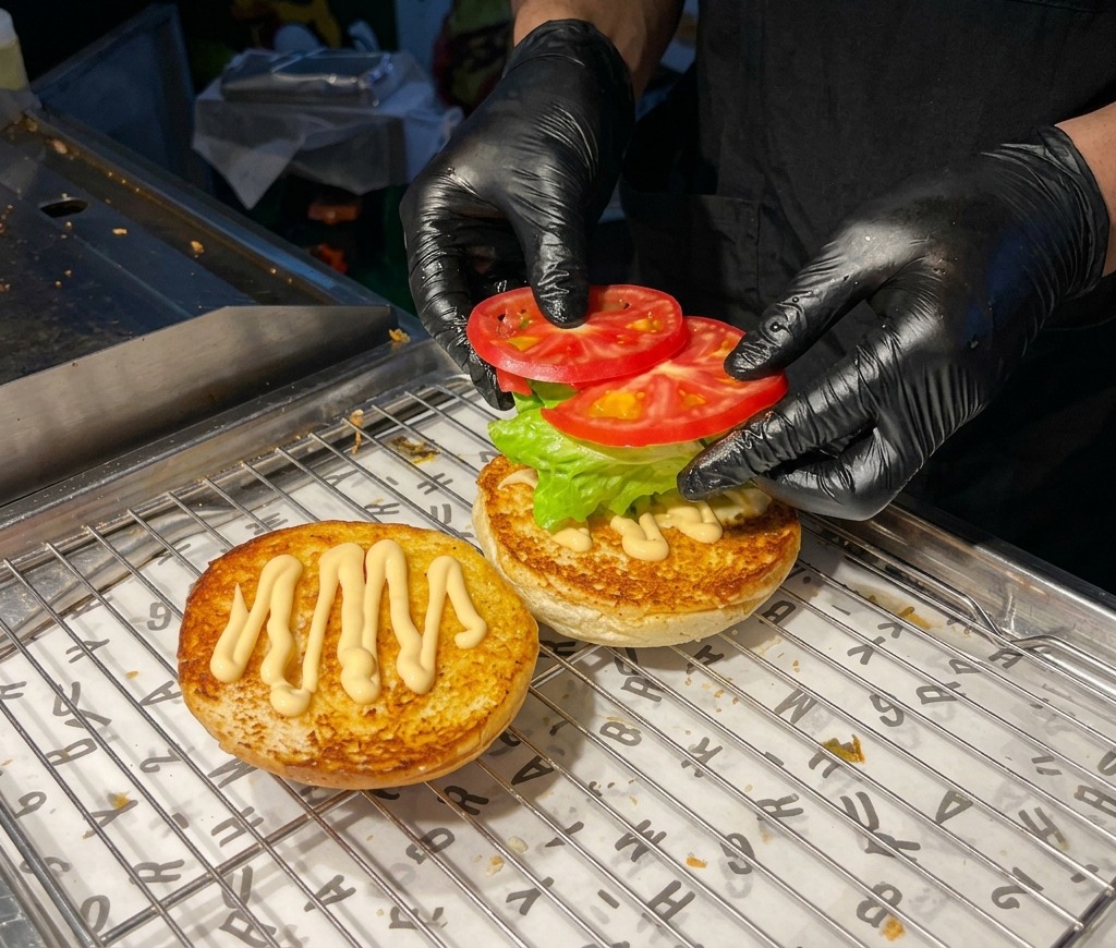 Hände legen Tomatenscheiben auf frischen Salat auf der unteren Brötchenhälfte.
