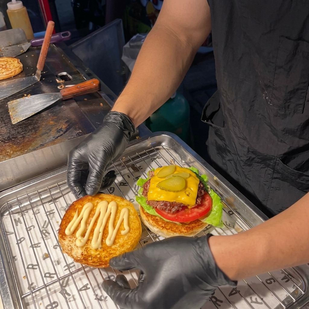Der obere Brötchendeckel wird auf den fertig belegten Burger gesetzt.